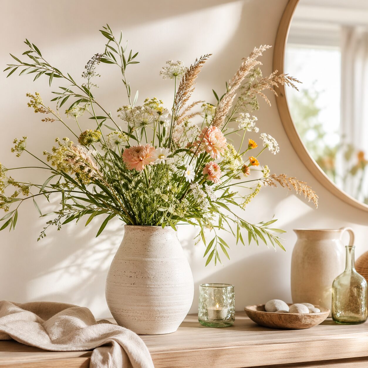 4. sommerliche deko mit zweigen, gräsern und blumen