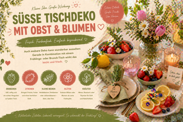 süße tischdeko mit obst und blumen