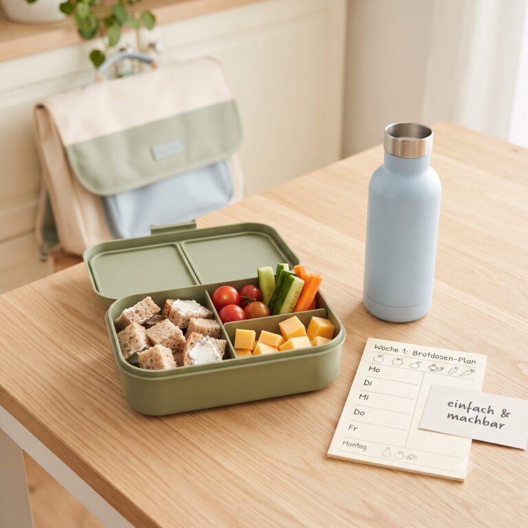 Brotdose und Trinkflasche für die erste Schulwoche mit Obst, Gemüse, Brotstücken und Wochenplan.