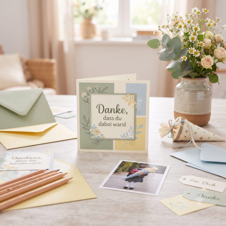 Dankeskarten nach der Schuleinführung mit Foto, Umschlag, Blumen und kleinen Schuldetails auf hellem Tisch.