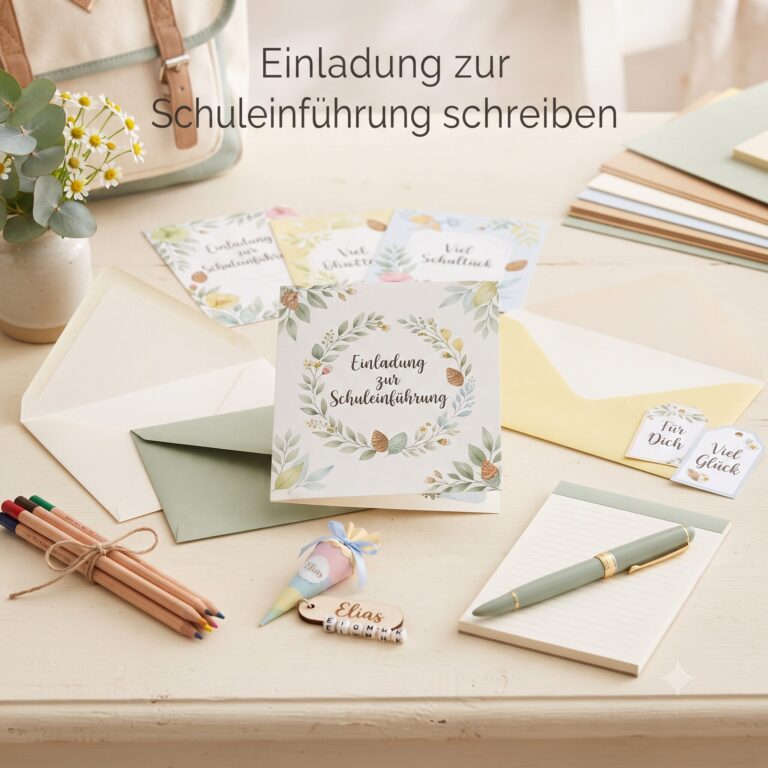 Einladungskarten zur Schuleinführung mit Umschlägen, Bleistiften und kleiner Schultüte auf hellem Tisch.