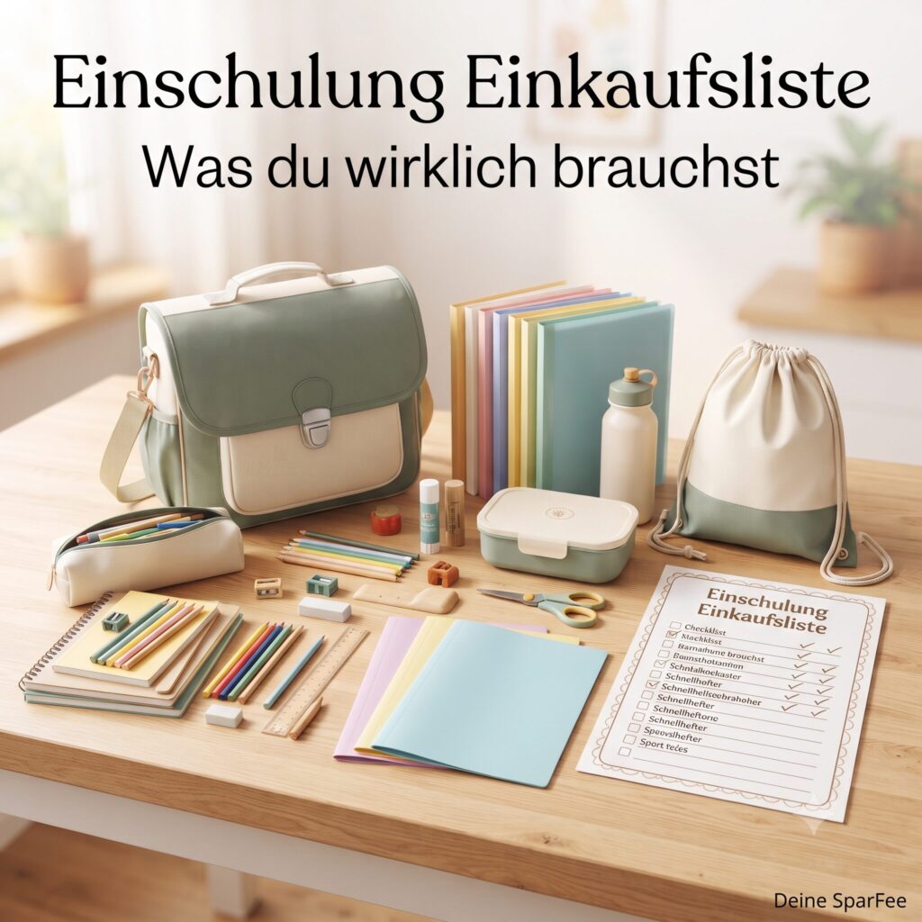 Einschulung Einkaufsliste mit Schulranzen, Schulsachen, Brotdose, Trinkflasche und Checkliste für den Schulstart.
