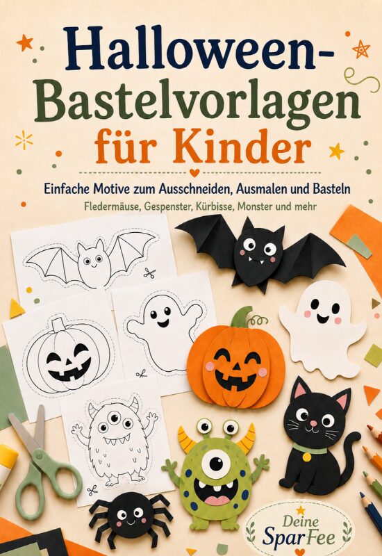 Cover des E-Books „Halloween-Bastelvorlagen für Kinder“ mit Fledermaus, Gespenst, Kürbis, Katze und bunten Bastelmaterialien.