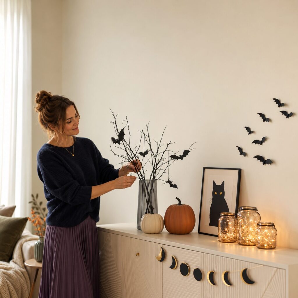Frau dekoriert eine Kommode mit selbst gemachter stilvoller Halloween-Deko in Schwarz, Creme und Orange.