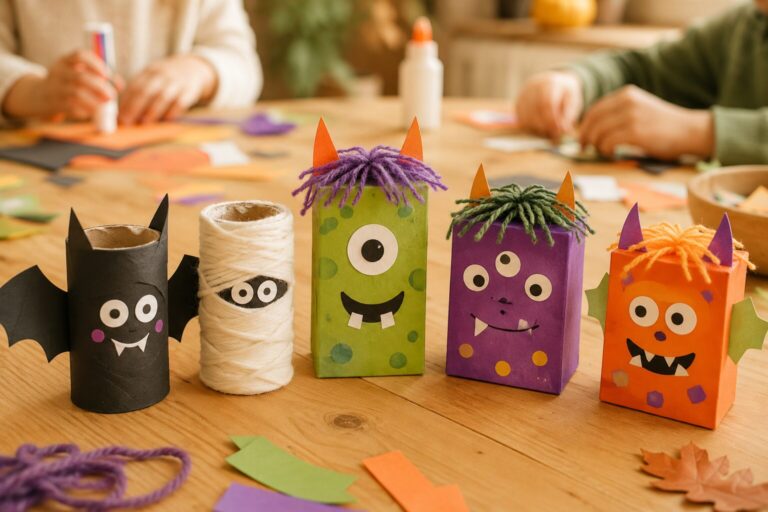Selbst gebastelte Halloween-Fledermaus, Mumie und Monster aus Klopapierrollen und alten Kartons.