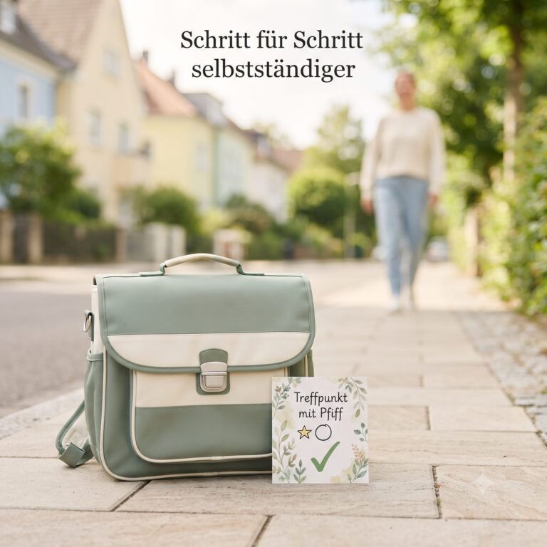 Ein ruhiges Bild mit Schulranzen, Weg, Elternhand im Hintergrund und einem markierten Treffpunkt. Es symbolisiert, dass das Kind Schritt für Schritt selbstständiger wird.