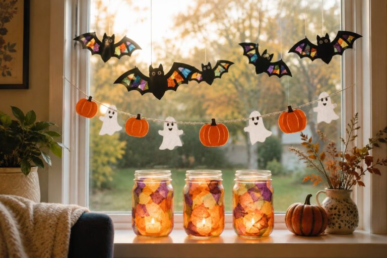 Halloween-Fensterdeko mit Fledermäusen, Papiergespenstern und beleuchteten Gläsern.