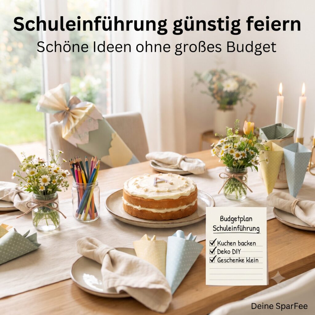 Schuleinführung günstig feiern mit Schultüte, Kuchen, einfacher Tischdeko, Servietten und Budgetplan für Familien.