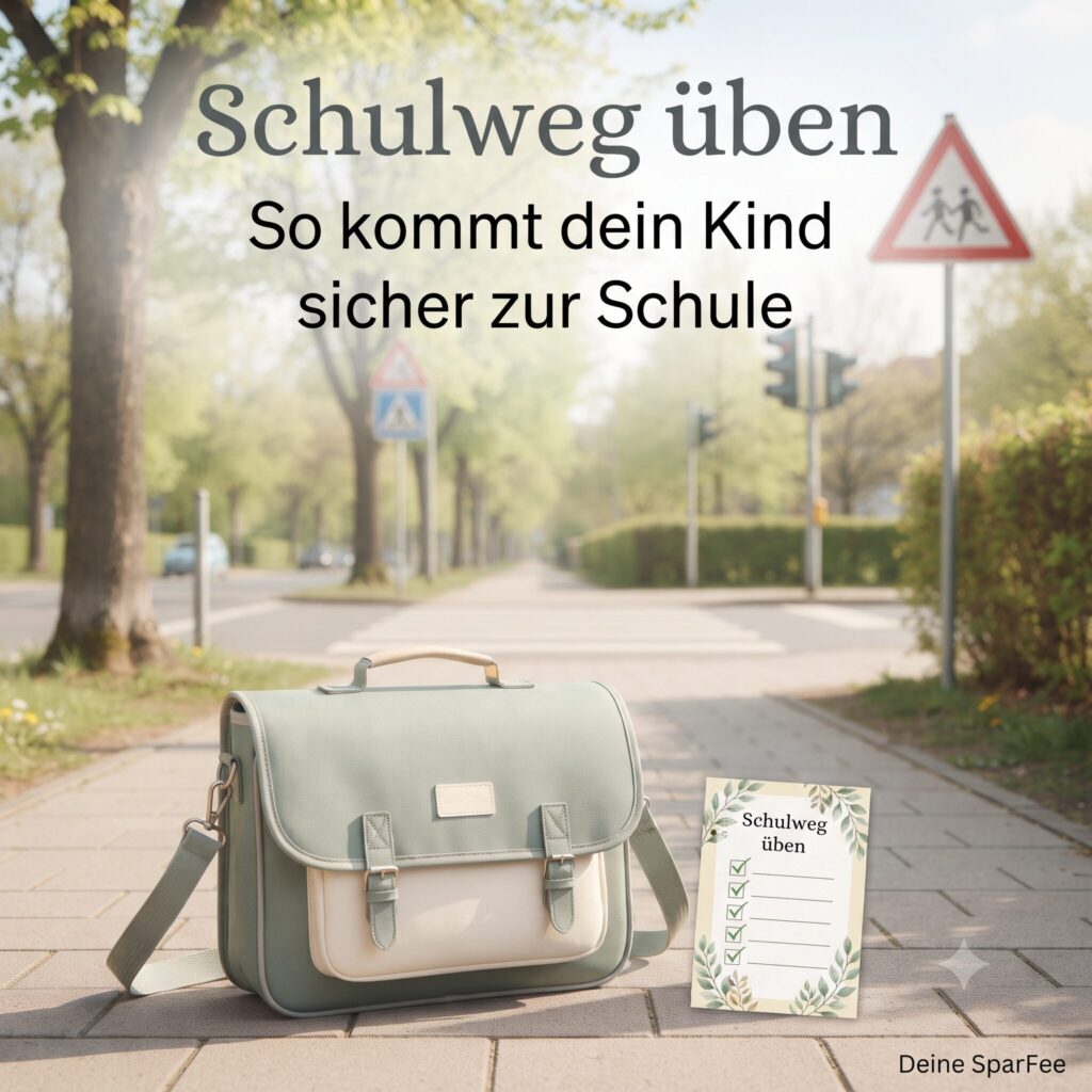 Schulweg üben vor der Einschulung mit Schulranzen, Zebrastreifen, Ampel und Checkliste für einen sicheren Schulweg.