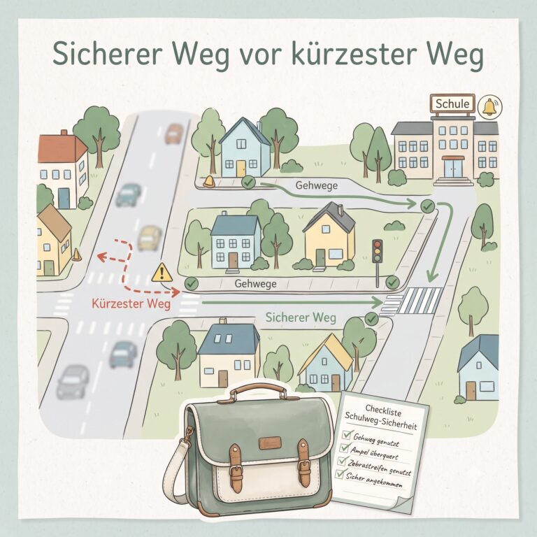 Sicherer Schulweg statt kürzester Weg mit Ampel, Zebrastreifen, Schulranzen und übersichtlicher Route zur Schule.