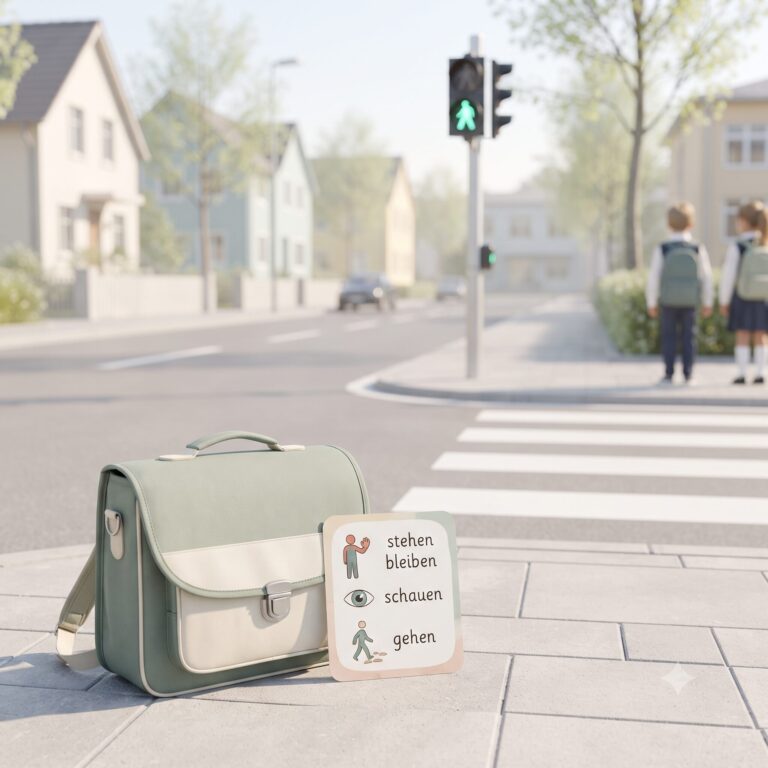 Straße sicher überqueren auf dem Schulweg mit Zebrastreifen, Ampel, Schulranzen und Verkehrs-Checkliste.