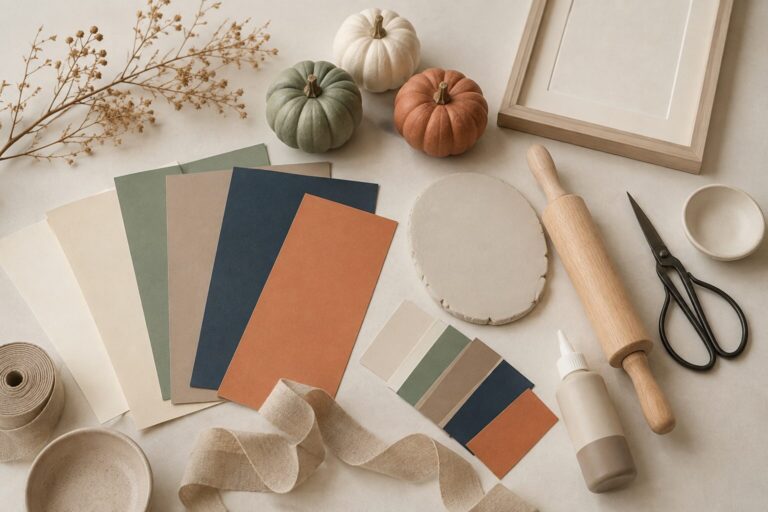 Materialien für moderne Herbstdeko mit Papier, Kürbissen, Zweigen, Modelliermasse und natürlichen Farben.