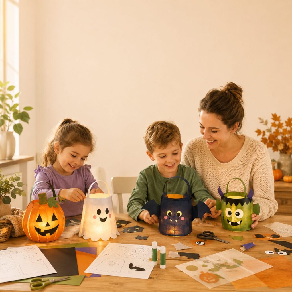 Mutter und zwei Kinder basteln Halloween-Laternen mit Kürbis-, Gespenster- und Fledermausmotiven.