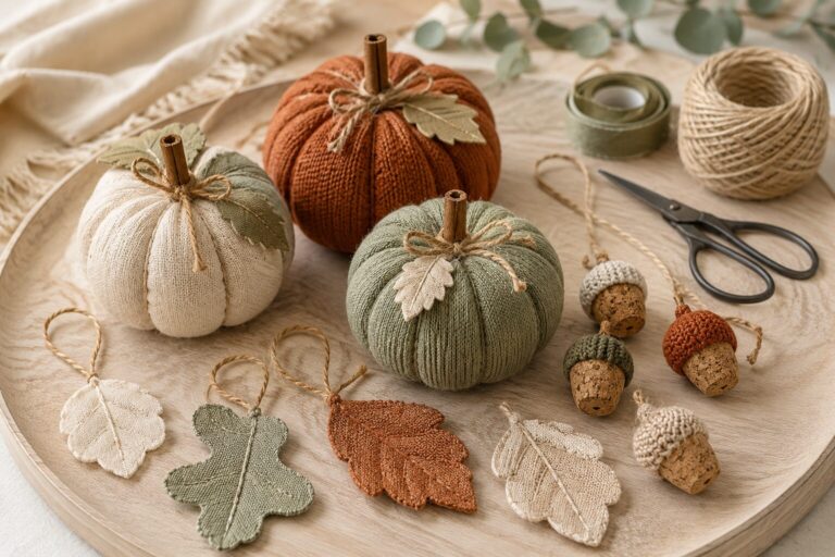 Upcycling-Herbstdeko aus Stoffresten, altem Strickstoff, Wolle und Naturkorken.