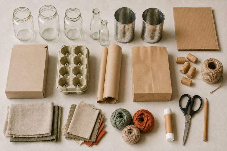 Gereinigte Materialien für Upcycling-Herbstdeko aus Altglas, Dosen, Pappe, Stoffresten und Korken.