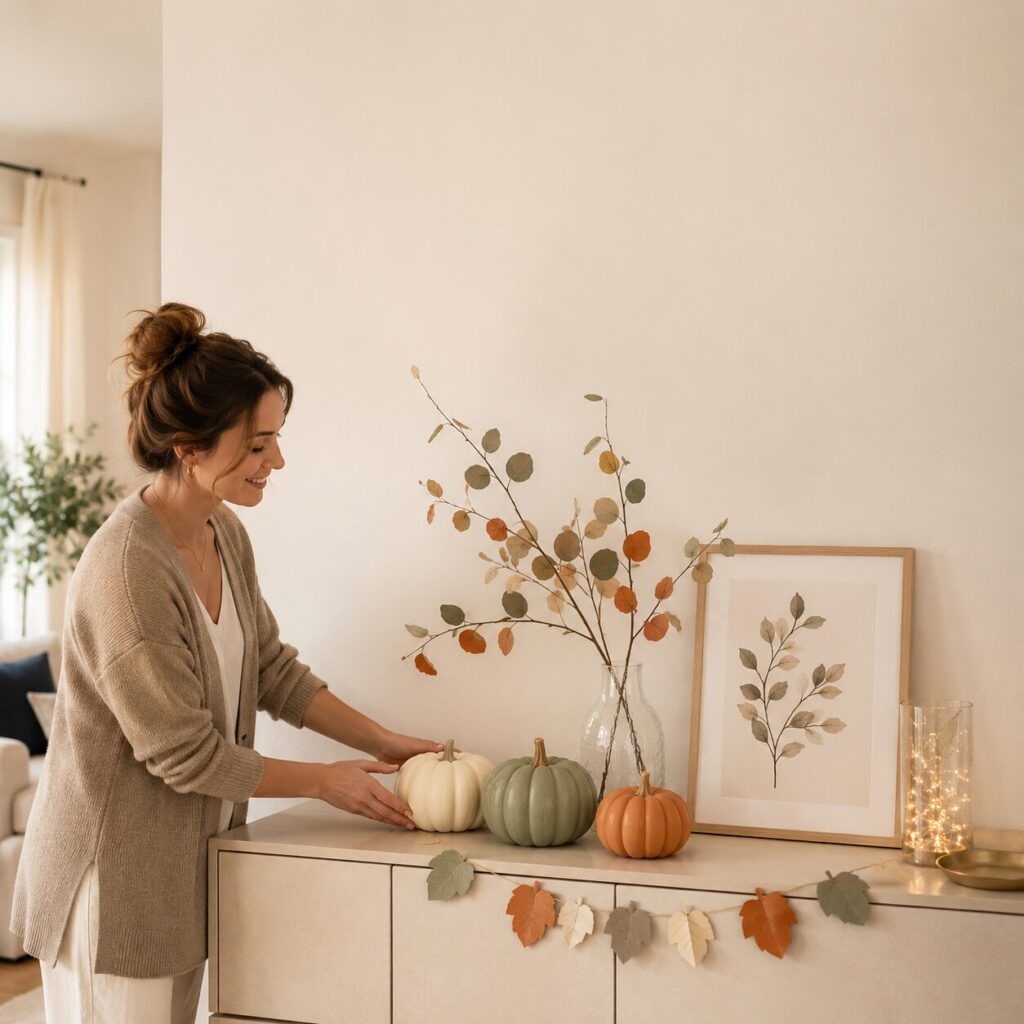 Frau gestaltet eine helle Kommode mit moderner Herbstdeko aus Kürbissen, Zweigen und Papierblättern.