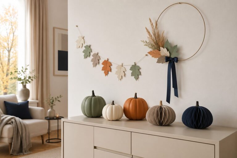 Moderne selbst gemachte Herbstdeko mit Kürbissen, Papierblättern und einem schlichten Herbstkranz.