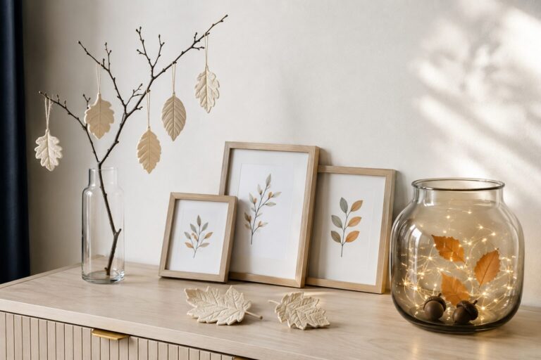 Moderne Herbstdeko mit Zweigvase, Blattanhängern, Bilderrahmen und LED-Dekoglas.