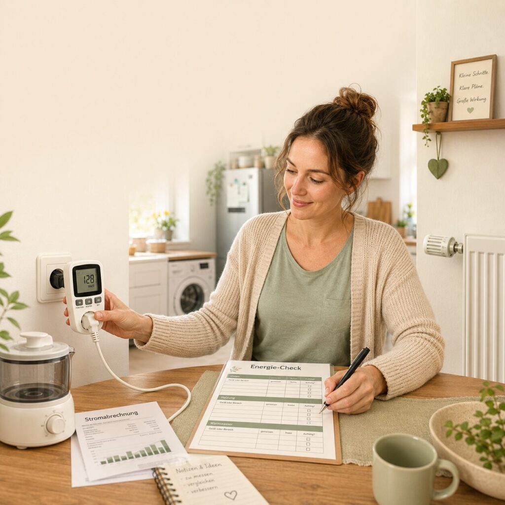 Frau misst den Stromverbrauch eines Haushaltsgeräts und trägt die Werte in einen Energie-Check ein.