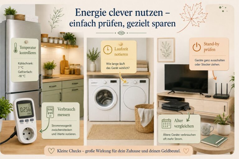 Typische Stromverbraucher wie Kühlschrank, Trockner, Fernseher und Spielekonsole werden mit einem Strommessgerät geprüft.