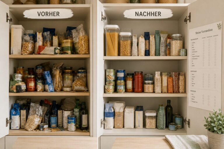 Unübersichtlicher und anschließend organisierter Vorratsschrank mit Lebensmittelgruppen und Vorratsliste.