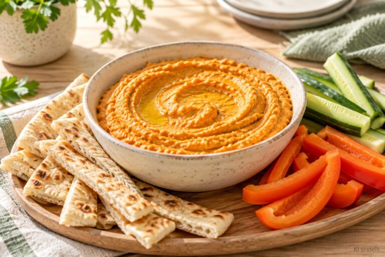 Cremiger Kürbis-Kichererbsen-Dip mit Brot und Gemüse.
