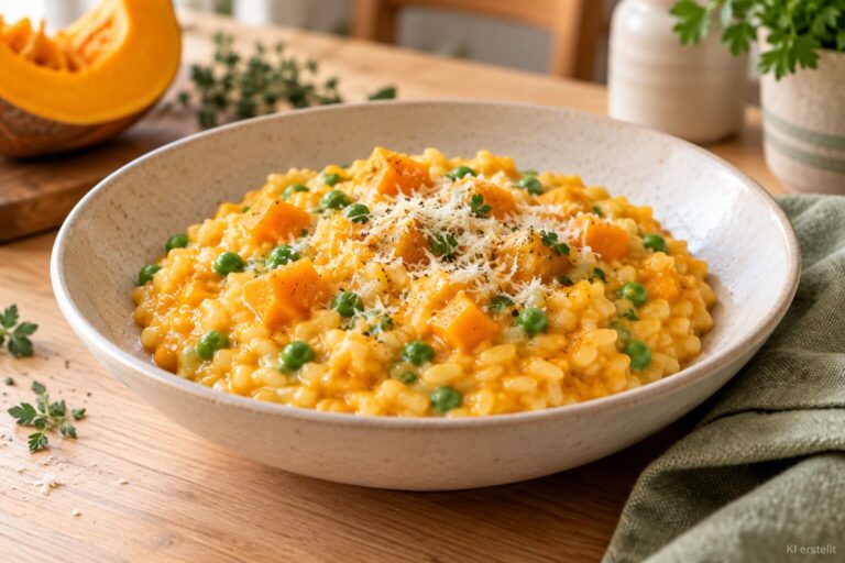 Kinderfreundliches Kürbis-Risotto mit Erbsen und Parmesan.