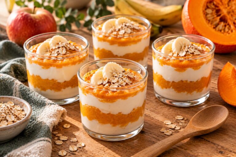 Kürbis-Joghurt-Dessert mit Banane und Haferflocken.
