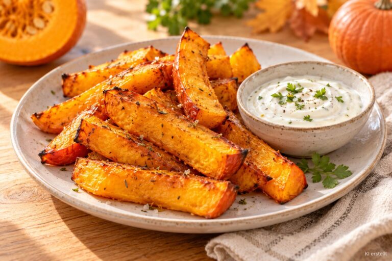 Kürbis-Pommes aus dem Backofen mit einfachem Joghurtdip.