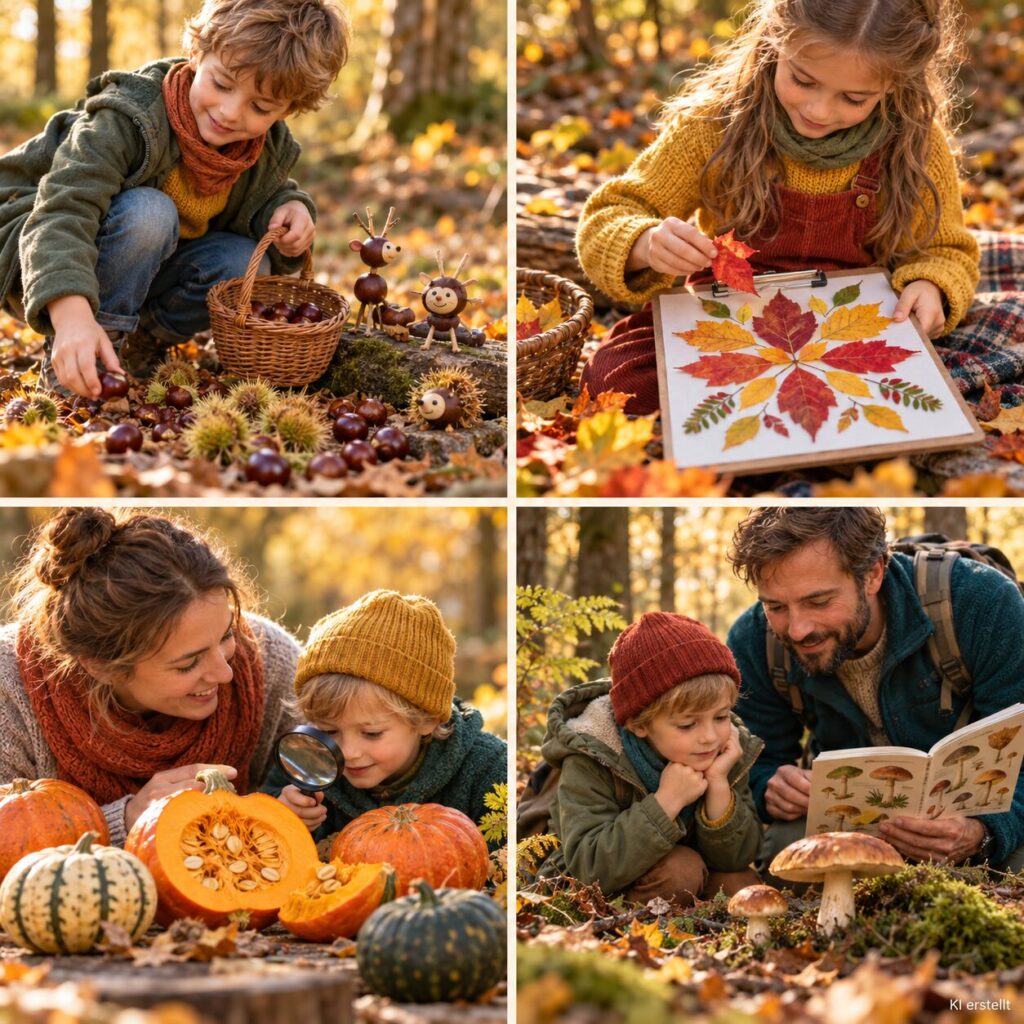 Kinder erleben verschiedene Herbst-Aktivitäten mit Kastanien, Blättern, Kürbissen und Naturbeobachtung.